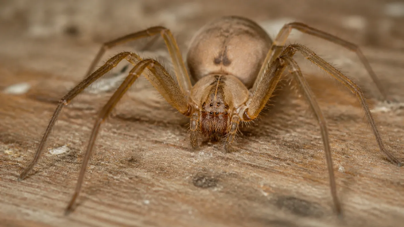 Brown recluse spider on a Missouri basement floorboard