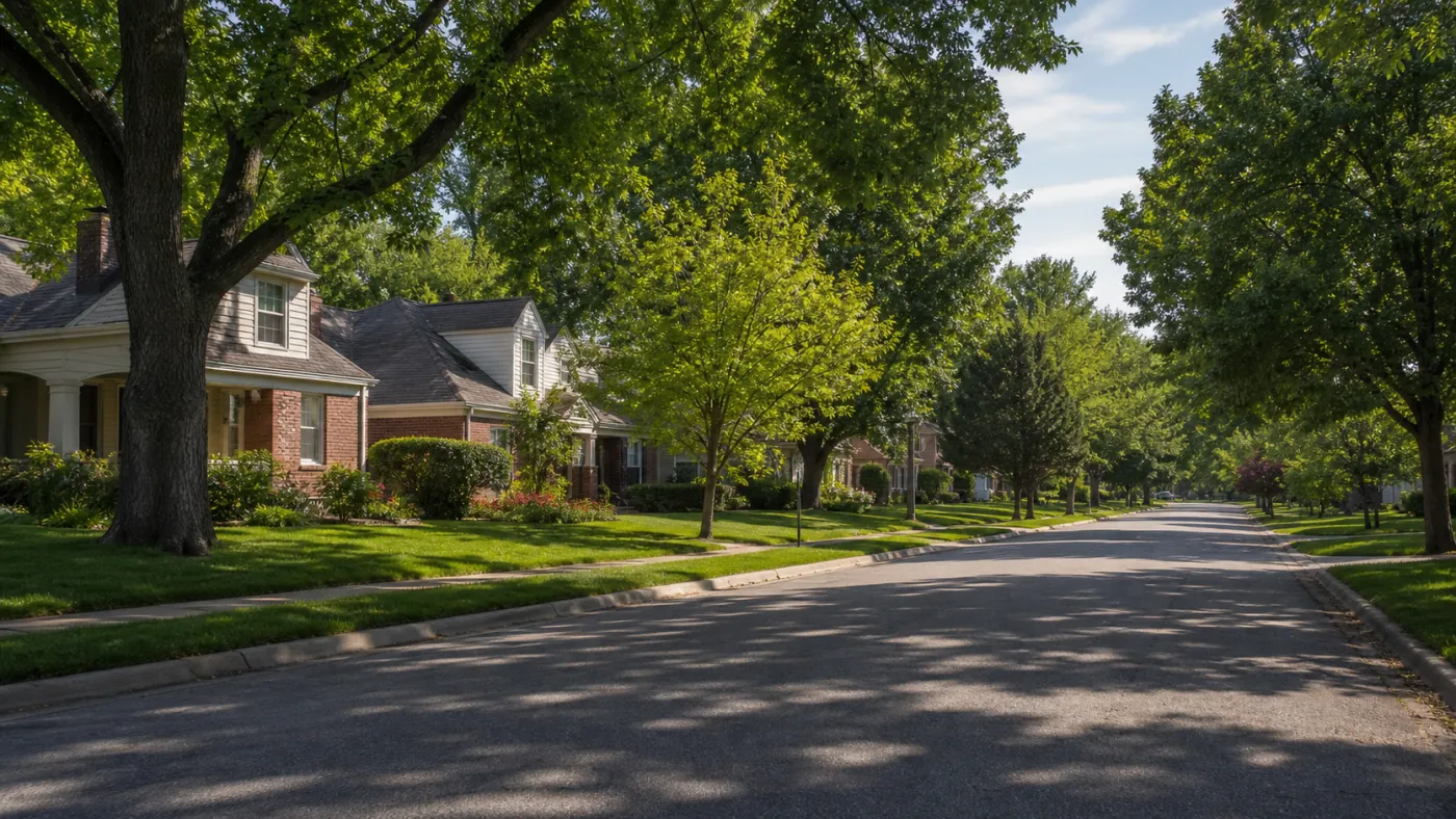 Green backyard and shade trees in a Springfield, Missouri neighborhood in summer