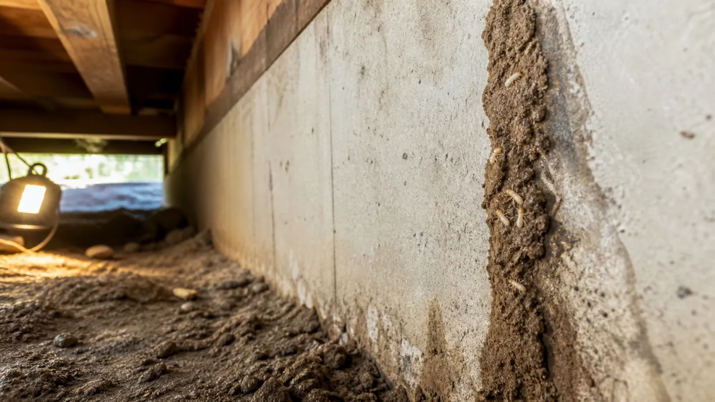 Subterranean termite mud tubes on a Missouri home foundation